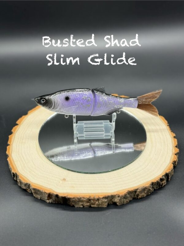 A purple and black fishing lure under the title "Busted Shad Slim Glide".