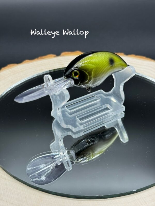 A bright green and black fishing lure under the title "Walleye Wallop".