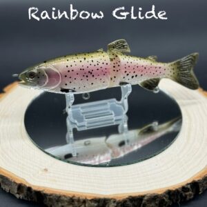 A green and light pink fishing lure under the title "7 inch Slow Sink Rainbow Glide".