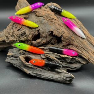 A variety of two-toned sit or drift sticks atop a piece of driftwood.