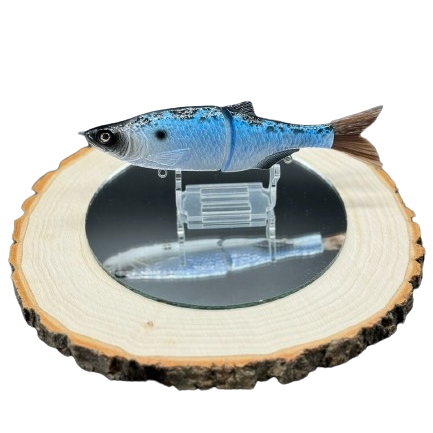 A vibrant blue and black fishing lure.