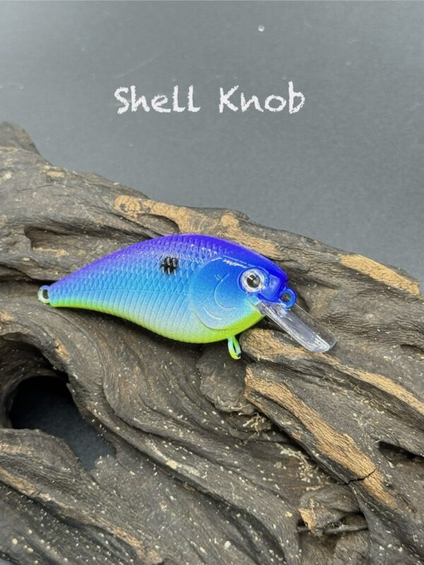 A squarebill lure painted in a purple to blue to neon green gradient.