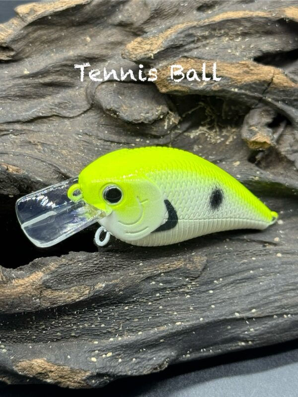 A squarebill lure painted "tennis ball yellow" with black markings and a white belly.