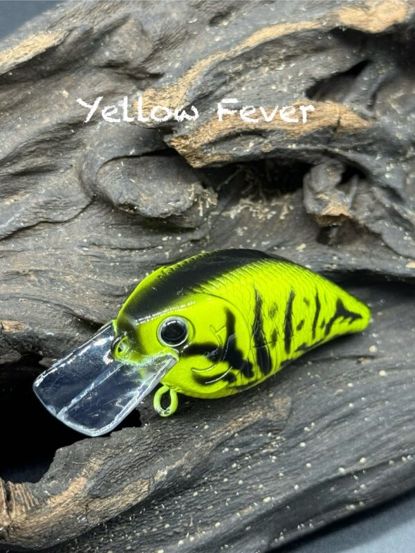 A neon yellow squarebill lure with black back and markings under the title "Yellow Fever".